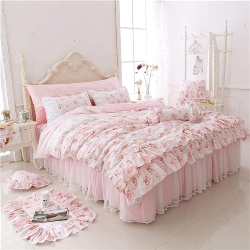 Floral Rose Print Duvet Cover Set Light Pink Lace Ruffle Floral Shabby Chic NWT - Picture 1 of 7